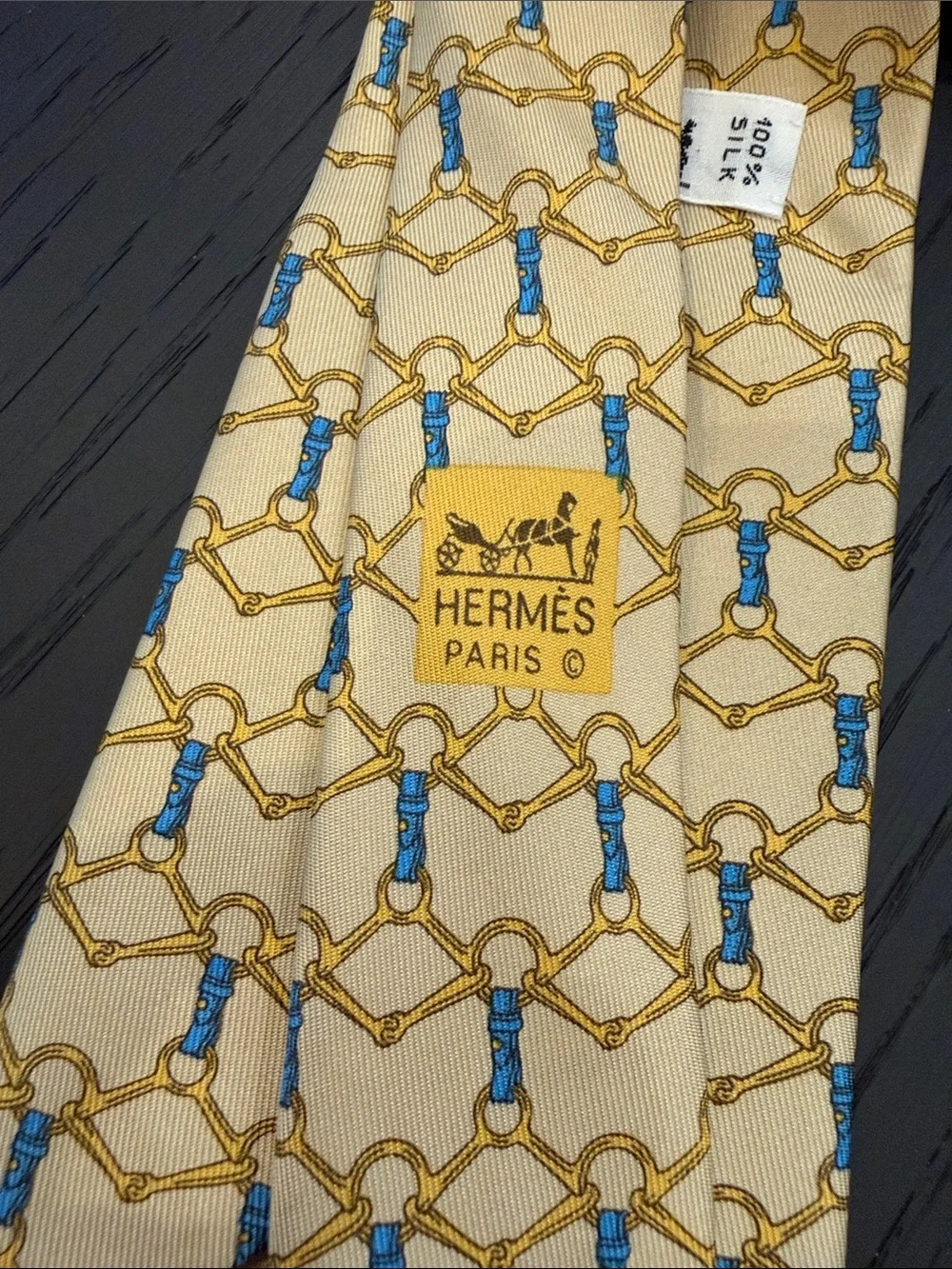 Hermes Classic Beige Silk Tie with Blue & Gold Bit Pattern
